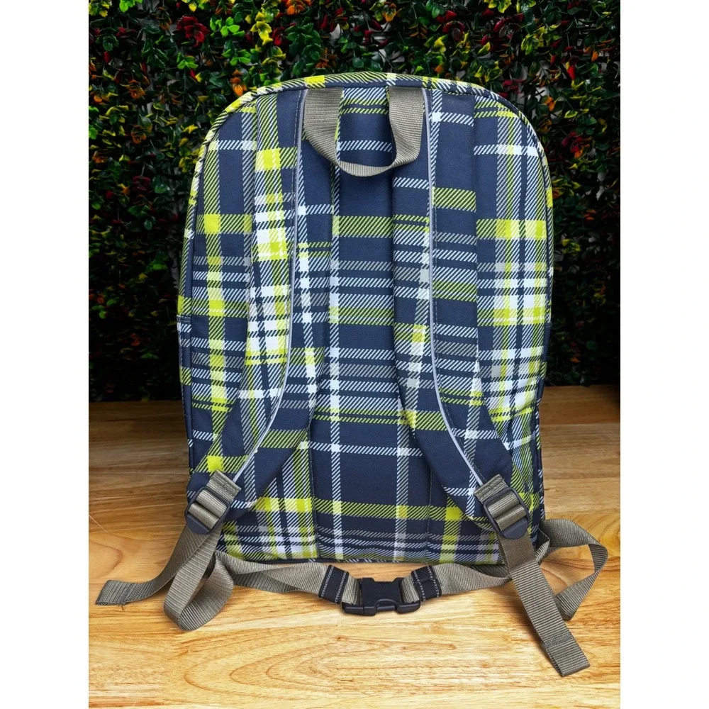 LL Bean Deluxe Book Pack Backpack Lime Green Black Plaid Reflective School Bag